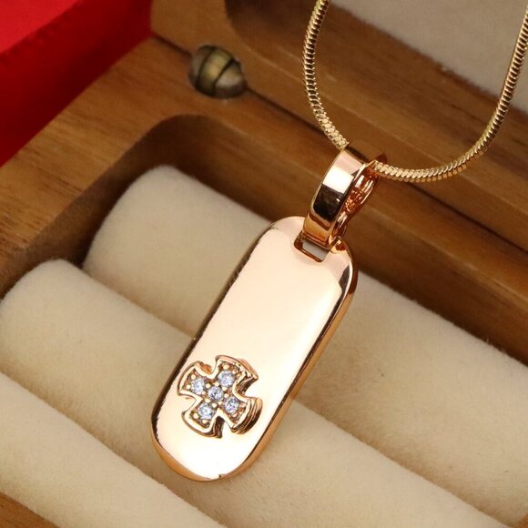 "Rose Gold Bar Pendant with Mini Cross and Crystal Accents, XPPT1253 - Picture 1 of 12